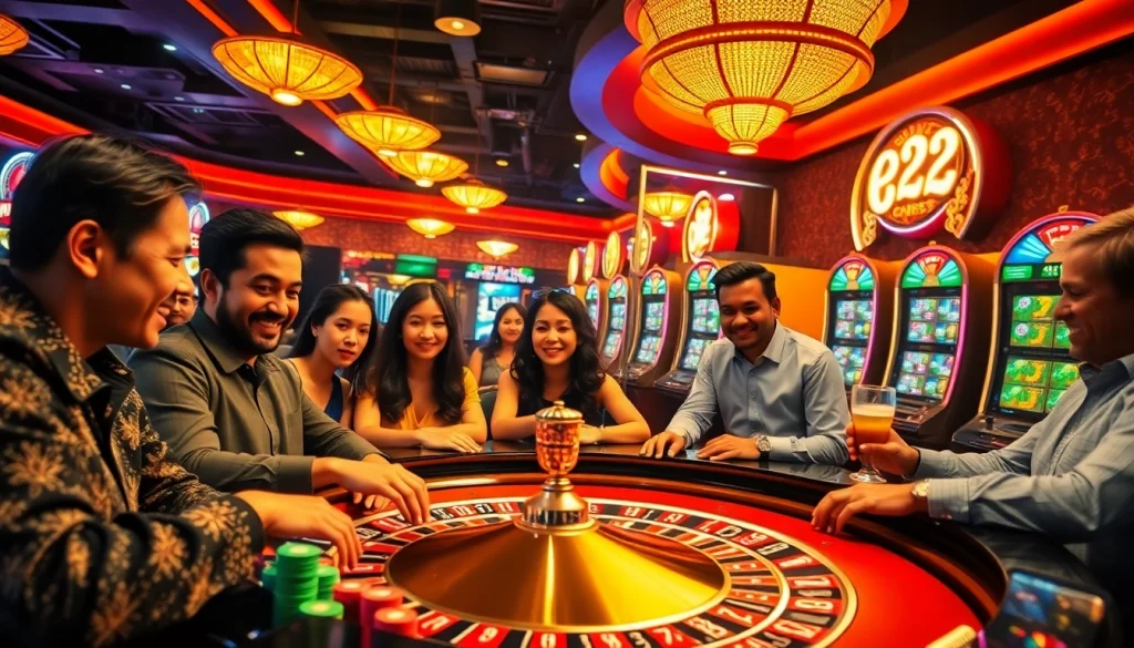 Gamblers at the vibrant e28 roulette table experience the thrill of high-stakes betting amidst a lively casino backdrop.