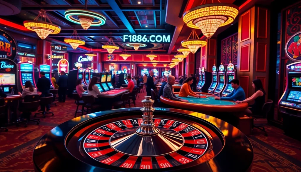 Experience the thrill of casino gaming at F168.COM with poker tables, slot machines, and vibrant roulette wheels.