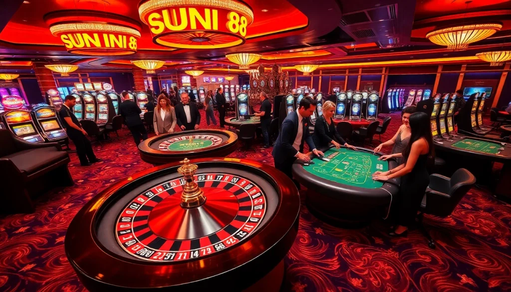 Experience the excitement at SUNWIN 88 with players enjoying a roulette game in a bustling casino atmosphere.