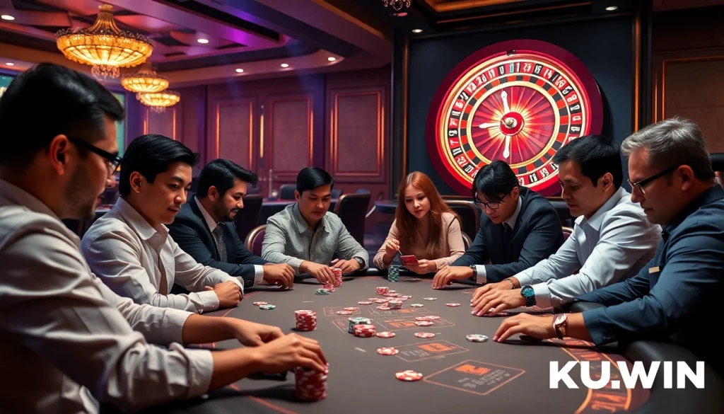 KUWIN offers dynamic poker action with vibrant chips and players at a luxury casino table.